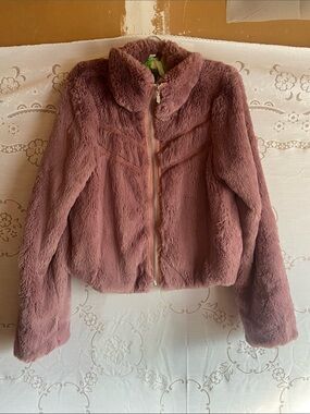Anthropologie Plush Faux Fur Zip Jacket - Dusty Mauve M